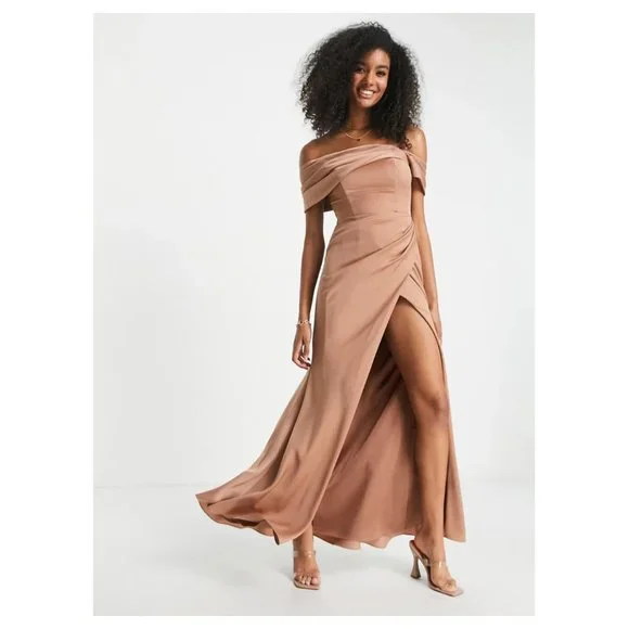 asos edition satin bardot drape wrap maxi dress ASOS DESIGN Bridesmaid satin bardot drape wrap maxi dress in sage green